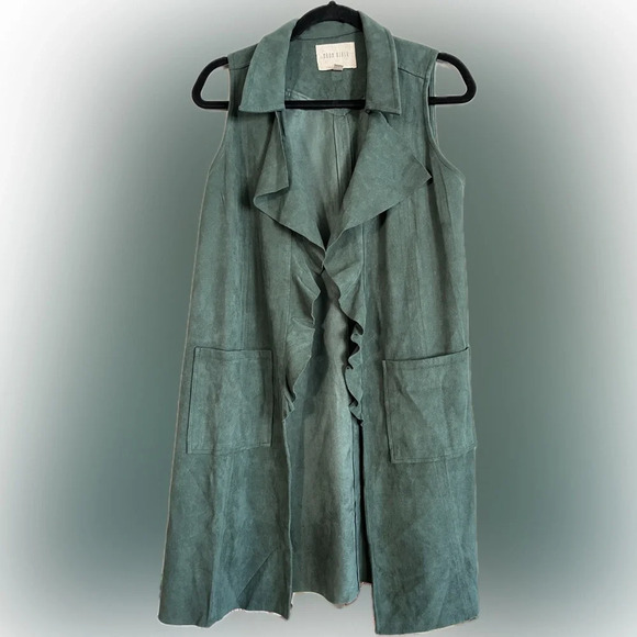Anthropologie Moon River Green Faux-Suede Long Vest Pockets Ruffle Collar Size S - Picture 1 of 7